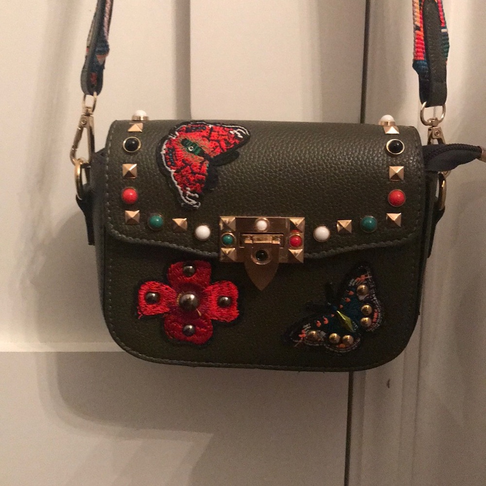Olive embroidered patch studded crossbody